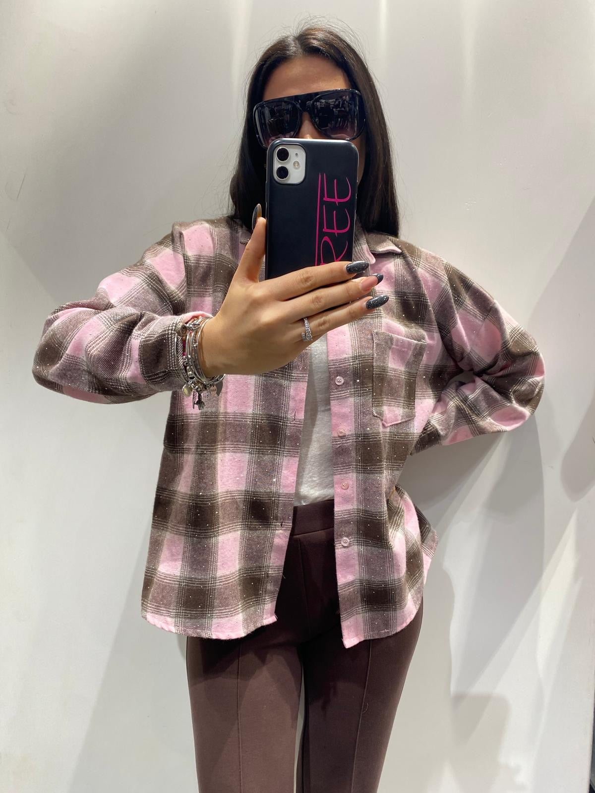 Camicia quadri con strass rosa