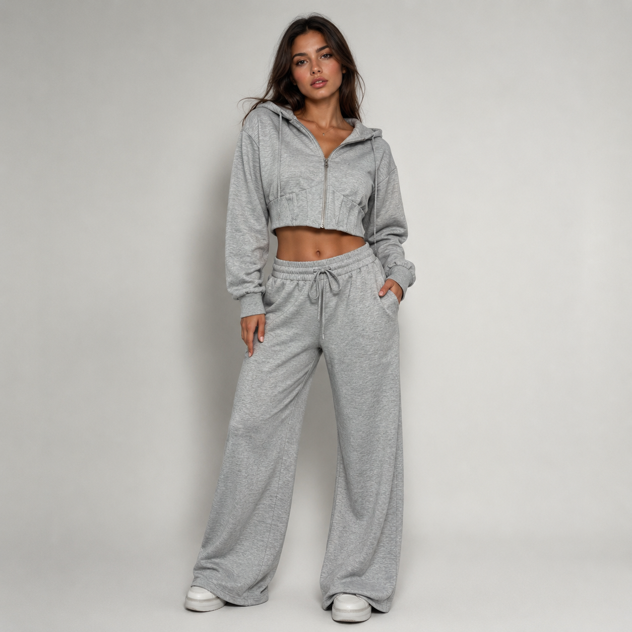 Tuta chic felpa crop bustino pantalone Wide leg