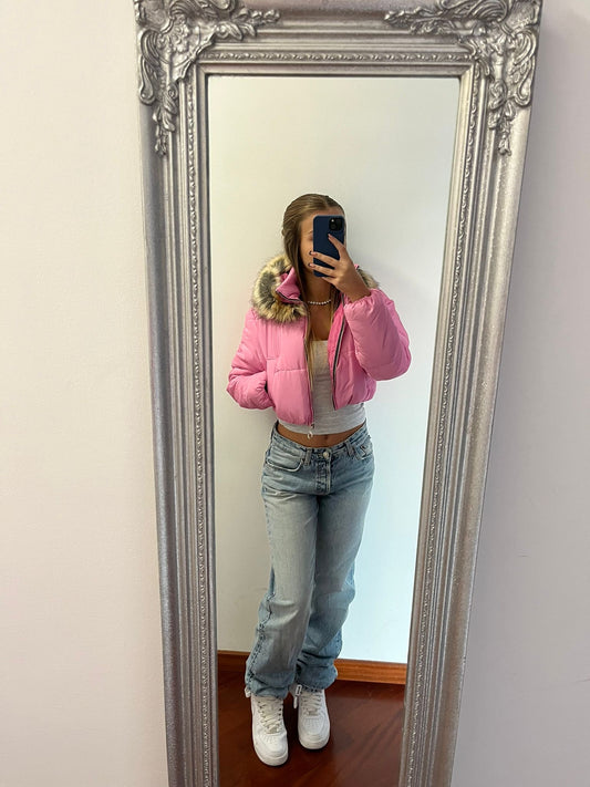 Piumino crop rosa