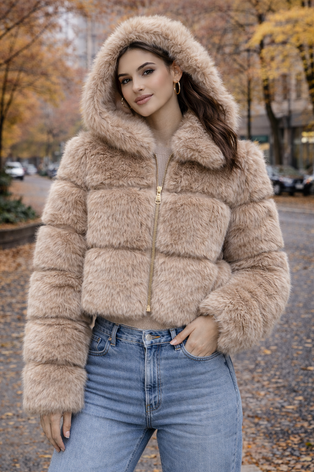 Pelliccia crop caramello