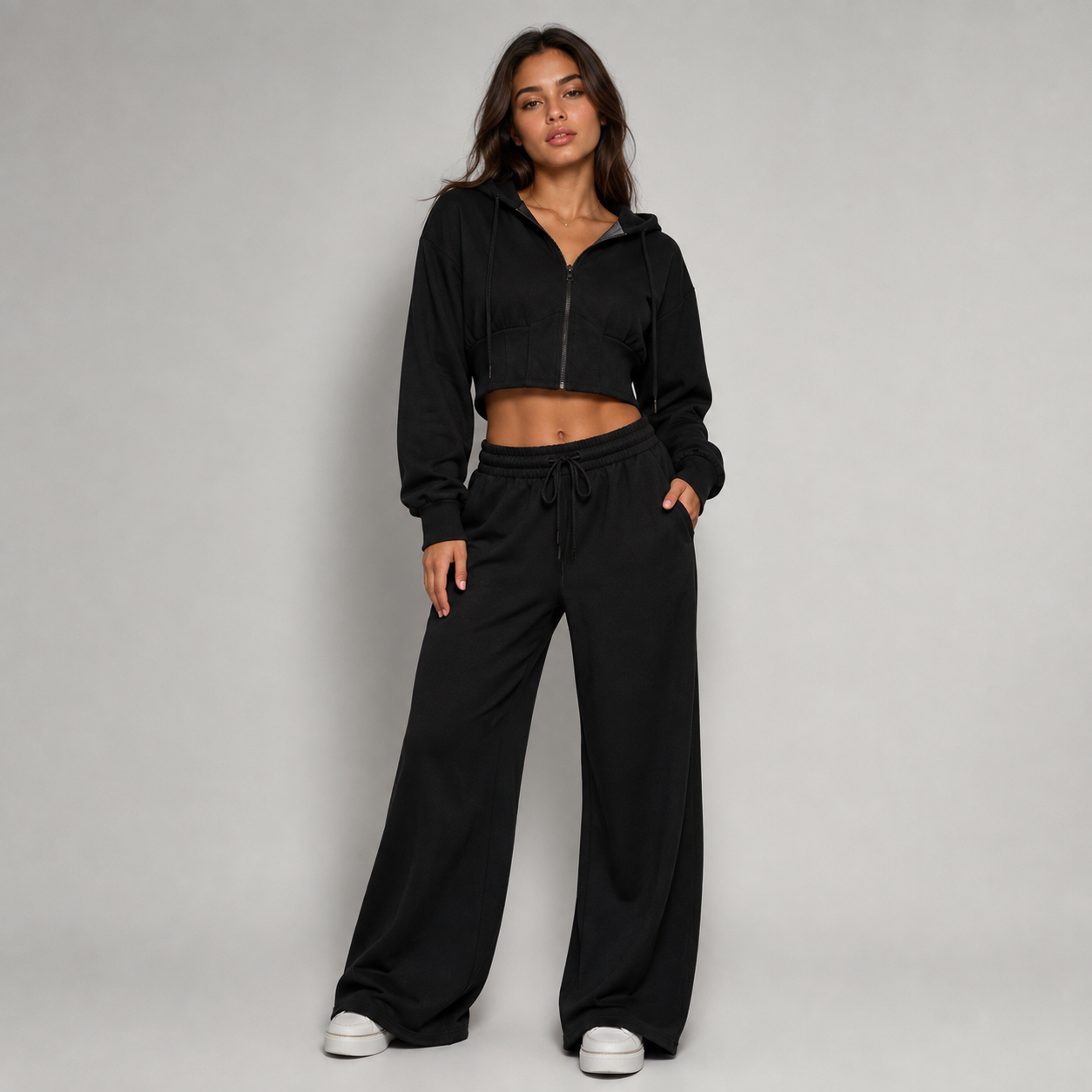 Tuta chic felpa crop bustino pantalone Wide leg