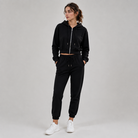 Tuta chic pantalone con elastico e felpa crop