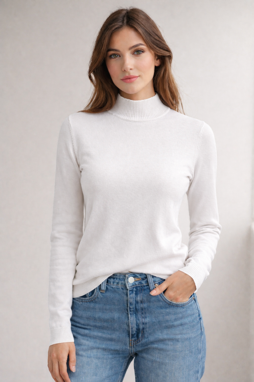 Maglione mezzo collo in lana rasata bianco