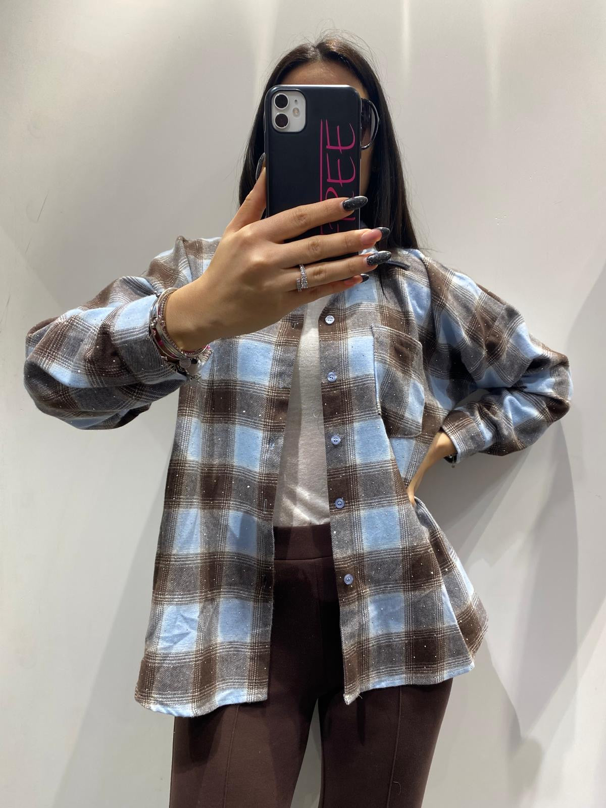Camicia quadri celeste con strass