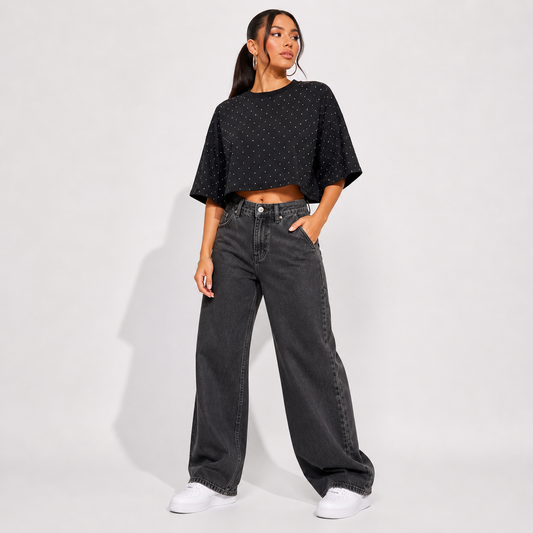 T-shirt crop strass nera