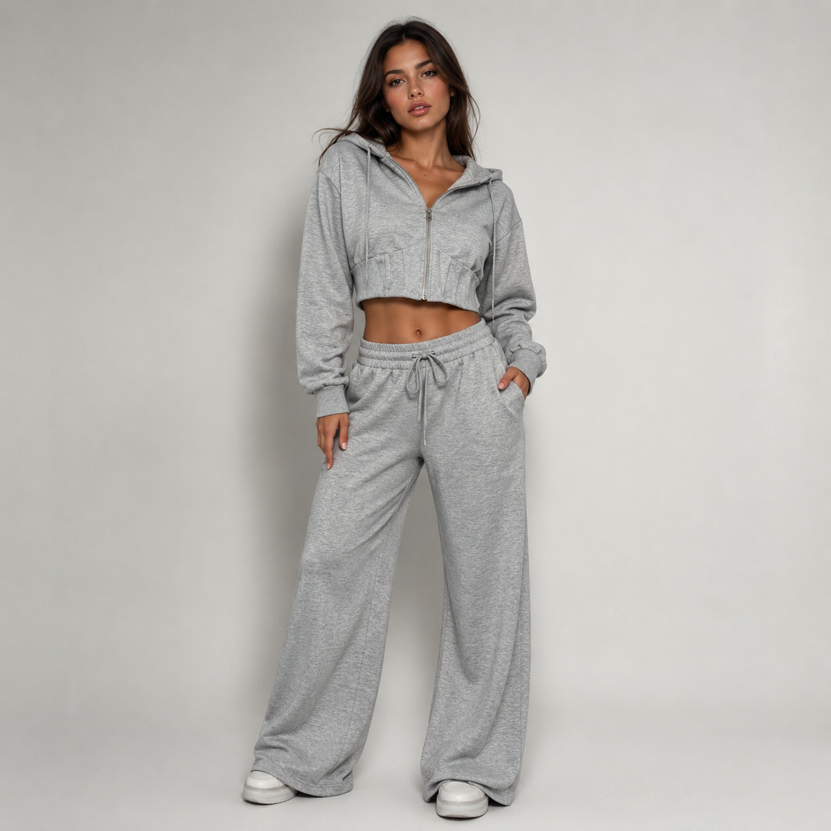 Tuta chic felpa crop bustino pantalone Wide leg