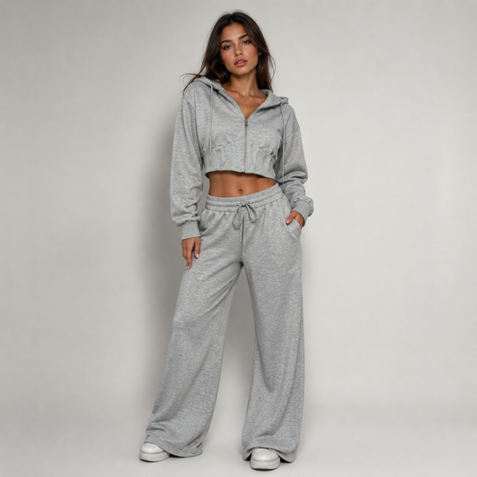 Tuta chic felpa crop bustino pantalone Wide leg