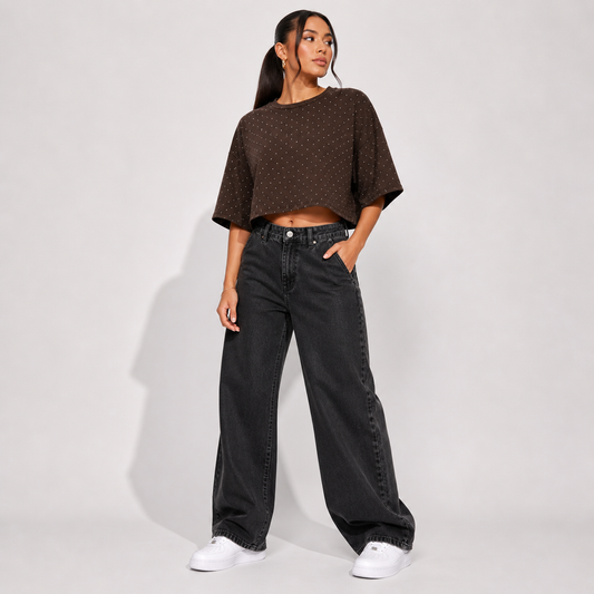 T-shirt crop strass marrone