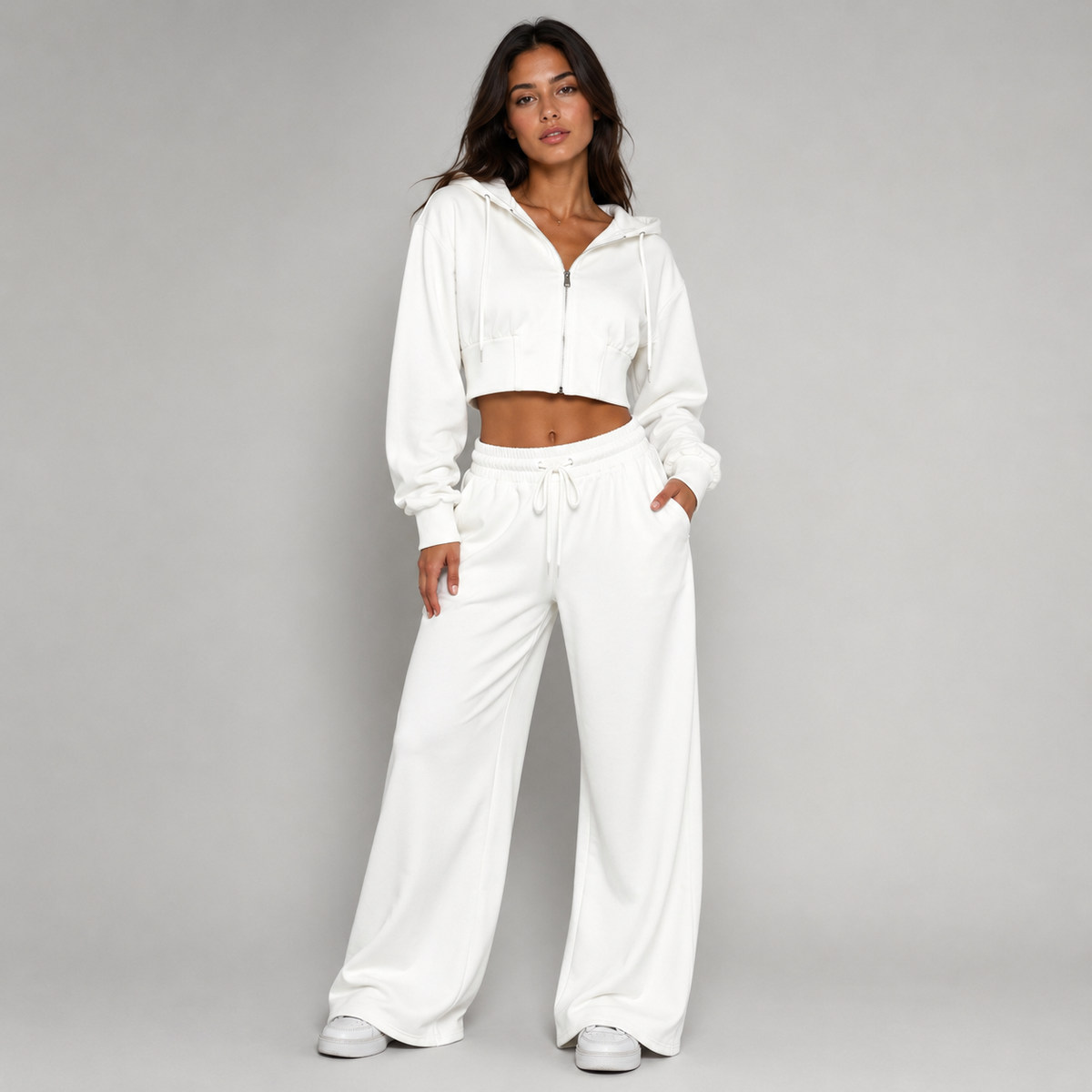 Tuta chic felpa crop bustino pantalone Wide leg