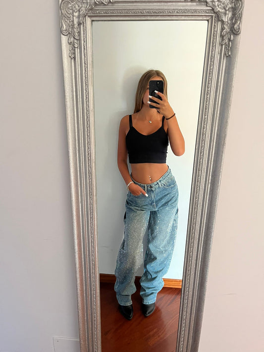Baggy carpenter con strass denim chiaro