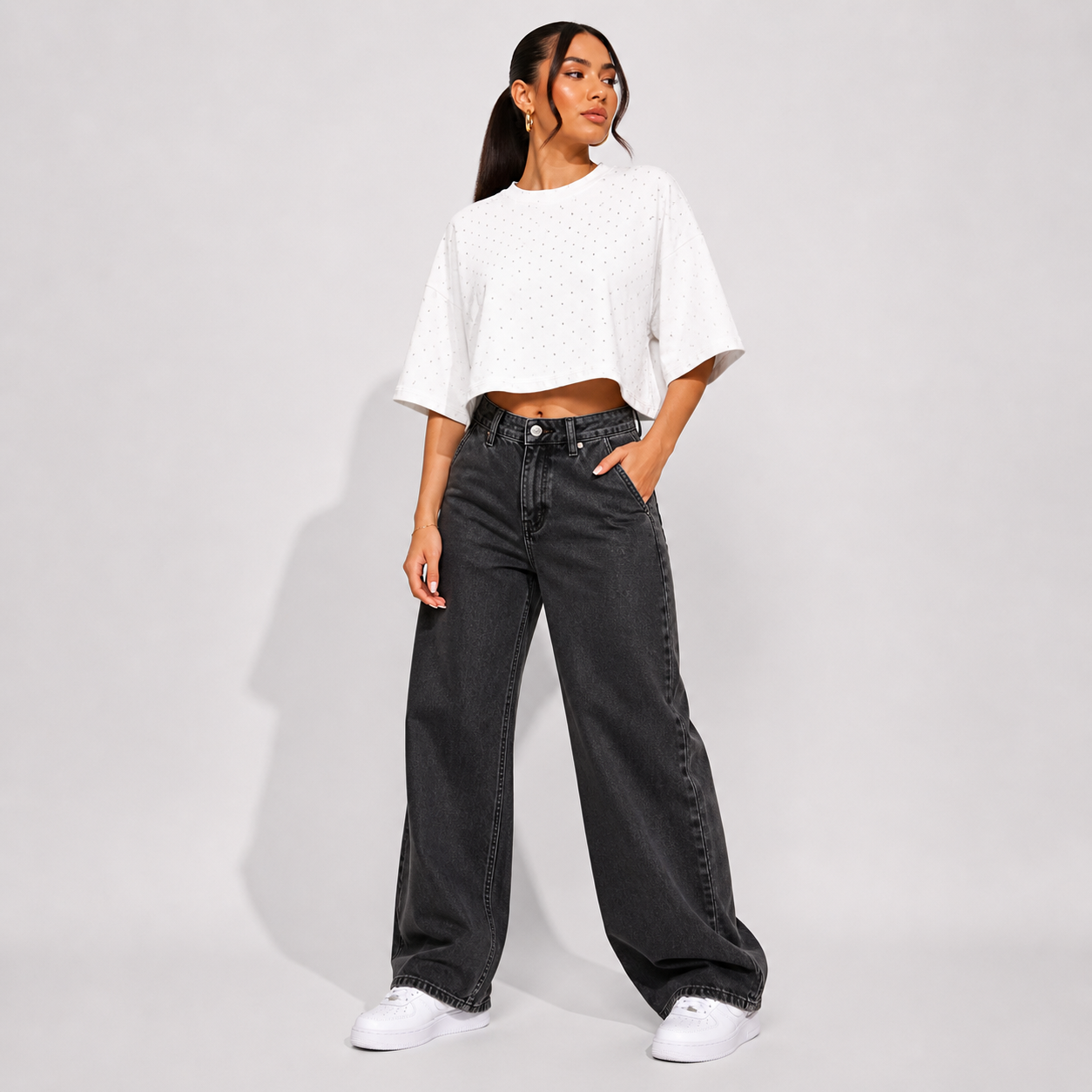 T-shirt crop strass bianca