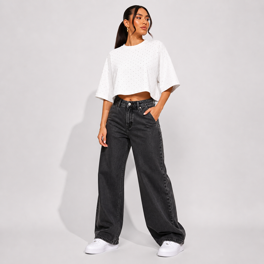 T-shirt crop strass bianca