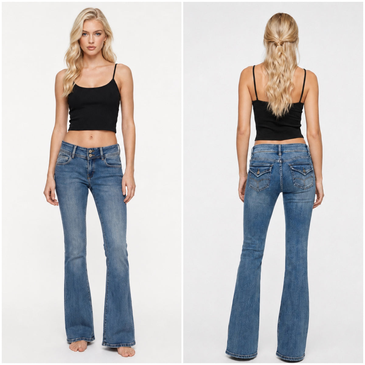 Jeans zampa doppio bottone vita bassa