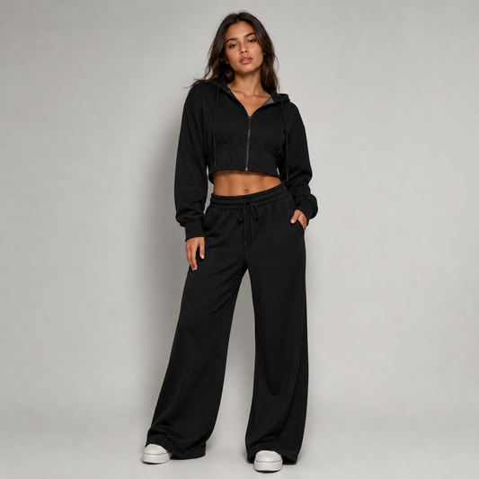 Tuta chic felpa crop bustino pantalone Wide leg