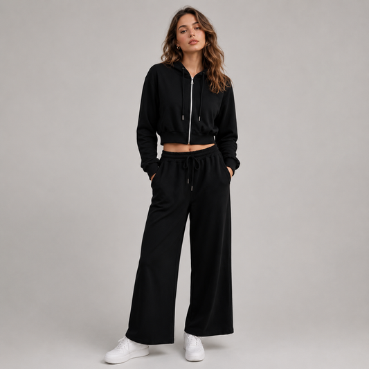 Tuta chic felpa semi crop e panta palazzo
