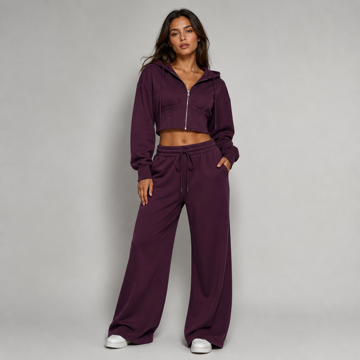 Tuta chic felpa crop bustino pantalone Wide leg
