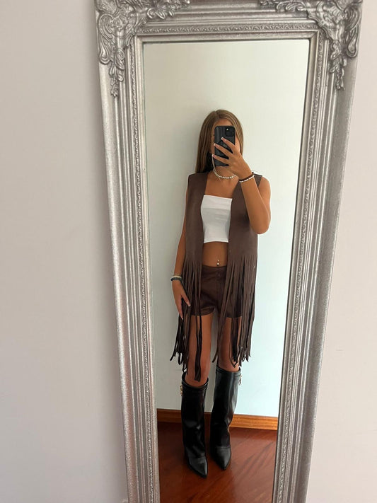 Gilet alcantara con frange brown